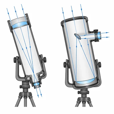 A refracting telescope with lenses compared with a reflecting telescope with mirrors.