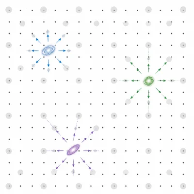 Multiple galaxies on an expanding grid, each showing nearby galaxies receding without a special center.