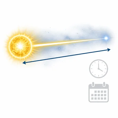 A light beam travels from a star across space with a distance arrow emphasized.