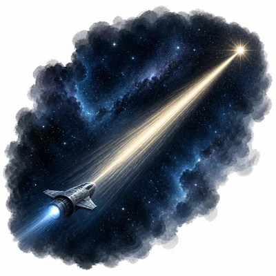 A spacecraft trails far behind a fast light beam traveling toward a distant star.