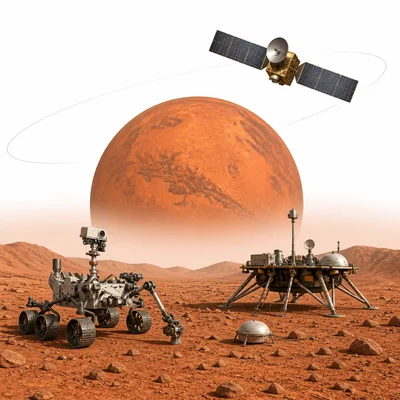 A rover, lander, and orbiter studying Mars in different ways.