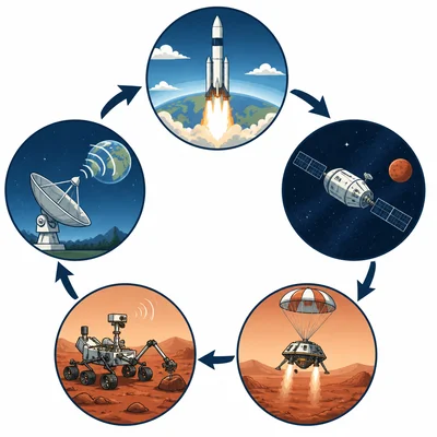 A Mars mission sequence from launch to travel, landing, exploration, and sending results back.