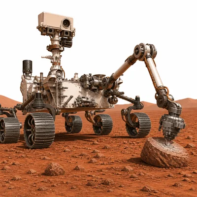 A Mars rover using wheels, cameras, and a robotic arm on rocky ground.