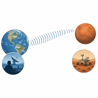 Earth and Mars separated by a long radio signal path to a rover.