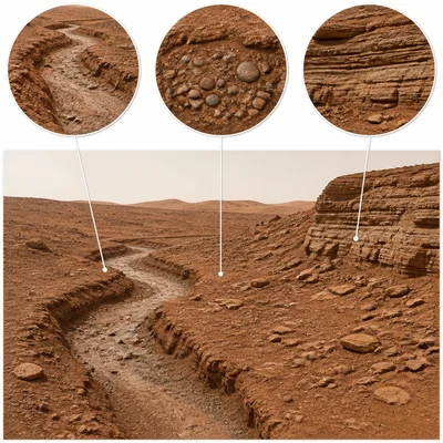 Mars landforms and rocks that could show evidence of ancient water.