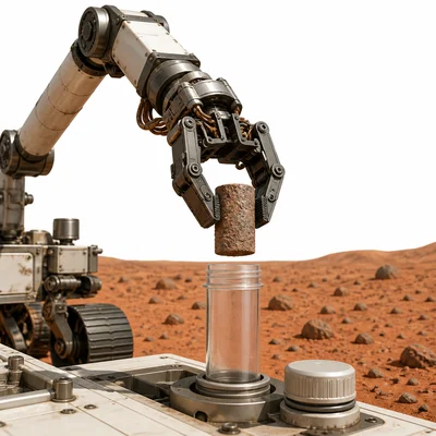 A rover sealing a rock core sample inside a tube.
