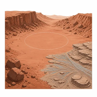 A Mars landing site with safe flat ground, interesting rocks, and nearby hazards.