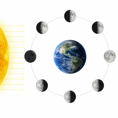 Moons in orbit around Earth show different lit portions because sunlight comes from one side.