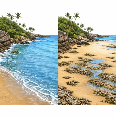 A beach at high tide and low tide, showing different water levels.