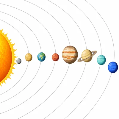 An unlabeled diagram of the Sun and eight planets in order.