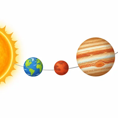 Earth, Mars, and Jupiter shown in order, with Mars between Earth and Jupiter.