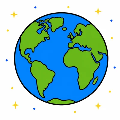 A round planet Earth with blue water and green land.