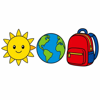 A Sun, Earth, and backpack shown side by side.
