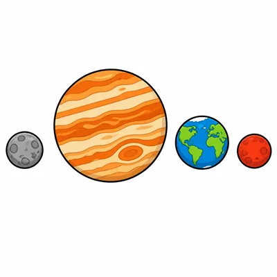 Four planets of different sizes, with one much bigger than the others.