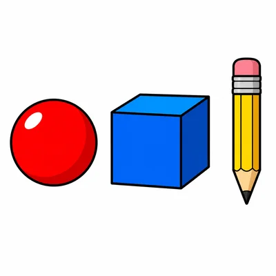 A ball, a box, and a pencil shown side by side.