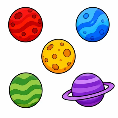 Five colorful planets separated for counting.