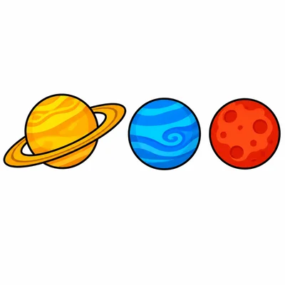Three planets, with one planet showing rings.