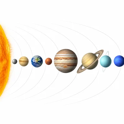 The Sun with eight planets shown in order from closest to farthest.