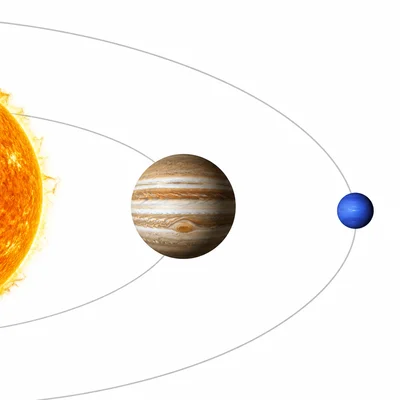 Jupiter and Neptune shown far from the Sun, with Jupiter much larger than inner planets.