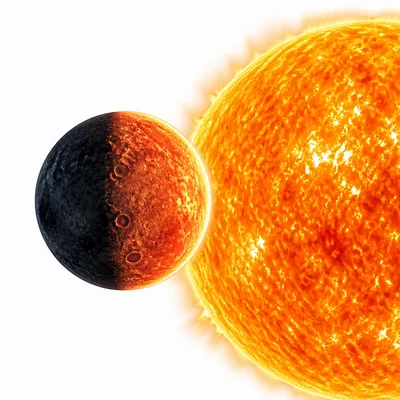 Mercury close to the Sun with a hot bright side and a cold dark side.