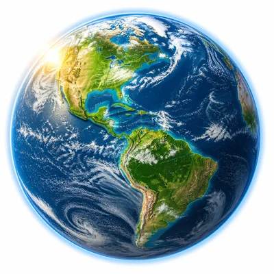Earth with oceans, land, clouds, atmosphere, and sunlight.