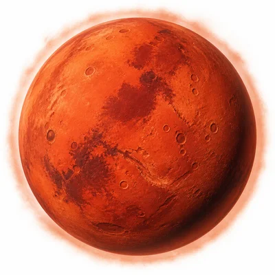 A rusty red Mars with dusty surface and craters.