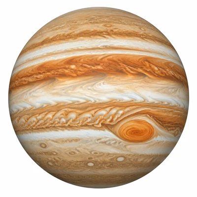 Jupiter shown as a large banded gas giant with swirling clouds.