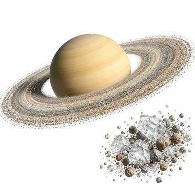Saturn with rings made of many small icy and rocky particles.