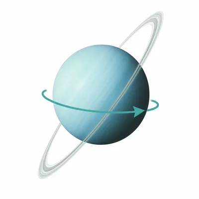 Uranus tilted on its side with rings and a curved rotation arrow.