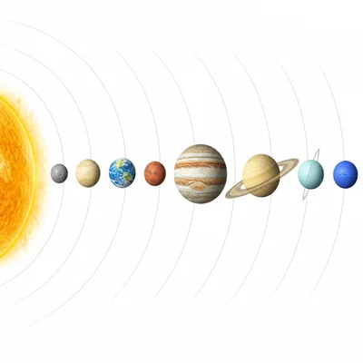 The Sun and eight planets shown in order from closest to farthest.