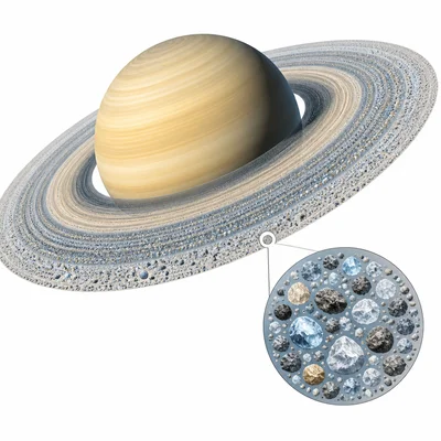 Saturn with rings and a close-up of icy rocky ring particles.
