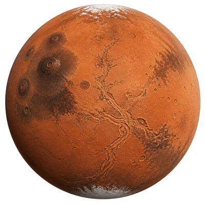 Mars with a red rocky surface, polar caps, craters, and dry channels.