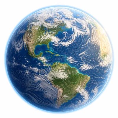 Earth with oceans, clouds, sunlight, and a protective atmosphere.