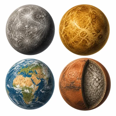 Four small rocky terrestrial planets with cratered solid surfaces.