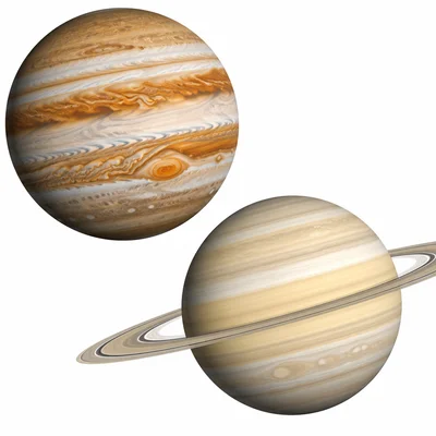 Large gas giant planets with swirling cloud bands and no solid surface visible.