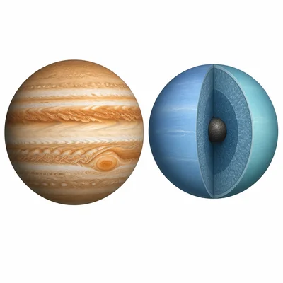 A gas giant compared with a blue ice giant showing different interiors.