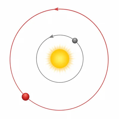 Mercury on a small orbit and Mars on a larger orbit around the Sun.