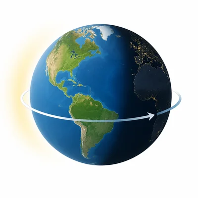 Earth spinning on its tilted axis with a curved rotation arrow.