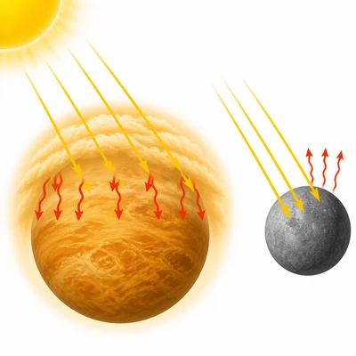Venus with thick clouds trapping heat compared with bare Mercury.