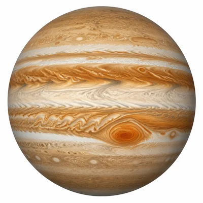 Jupiter with a large red oval storm in its cloud bands.