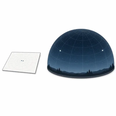 Two stars close together on a small map but farther apart across a wide sky dome.