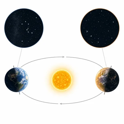 Earth at two different places in its orbit showing that the night sky changes during the year.