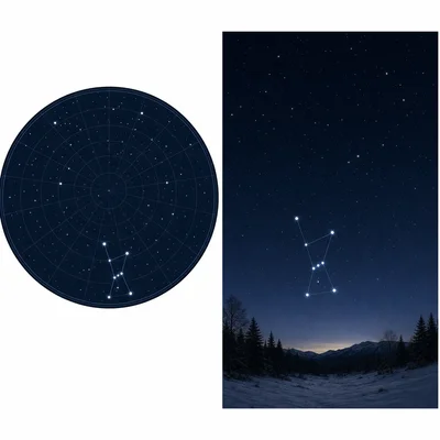Orion shown near the edge of a star map and low above the horizon in the sky.