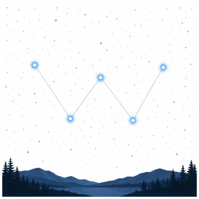 A W-shaped group of bright stars above the northern horizon representing Cassiopeia.