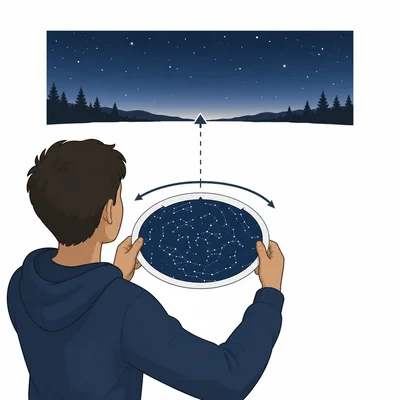 A student rotates a circular star map so the bottom edge matches the direction they are facing.