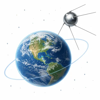 A small spherical satellite with antennae orbiting Earth.