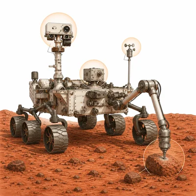 A Mars rover with cameras, a drill arm, sensors, and instruments.