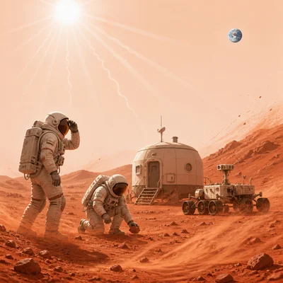 Astronauts on Mars near a habitat during dusty and harsh conditions.