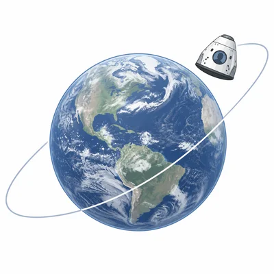 A crewed space capsule orbiting Earth.