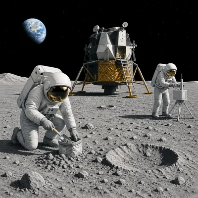 Astronauts collecting rocks and using instruments on the Moon.